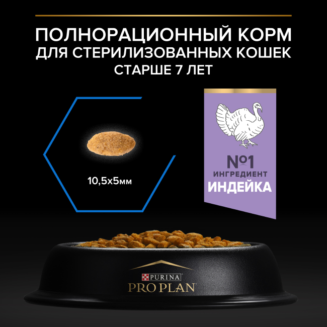 PRO PLAN® Sterilised LONGEVIS® для стерилизованных кошек старше 7 лет, с высоким содержанием индейки