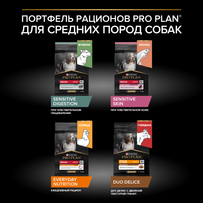 PRO PLAN® DUO DELICE для взрослых собак средних и крупных пород с двойной текстурой гранул, с высоким содержанием говядины