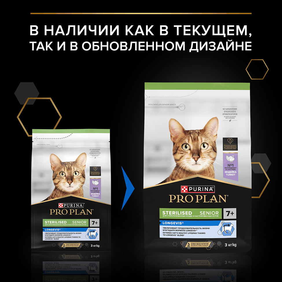 PRO PLAN® Sterilised LONGEVIS® для стерилизованных кошек старше 7 лет, с высоким содержанием индейки