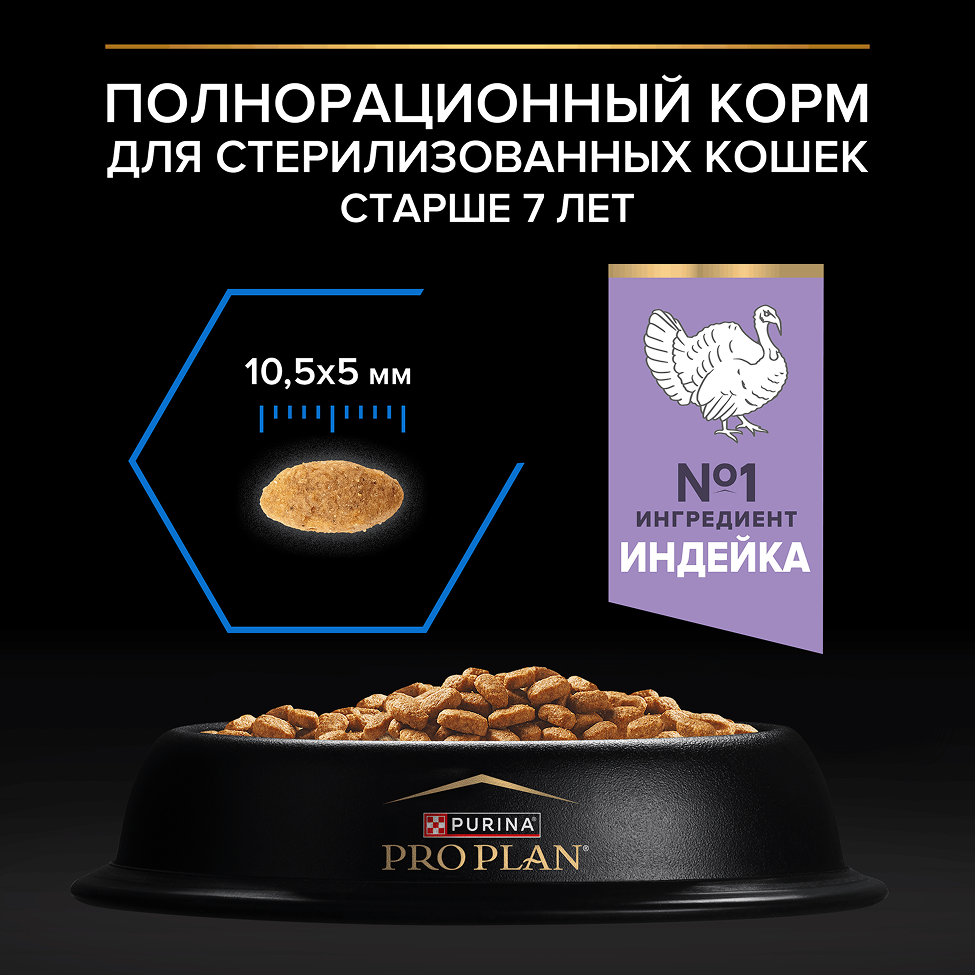 PRO PLAN® Sterilised LONGEVIS® для стерилизованных кошек старше 7 лет, с высоким содержанием индейки