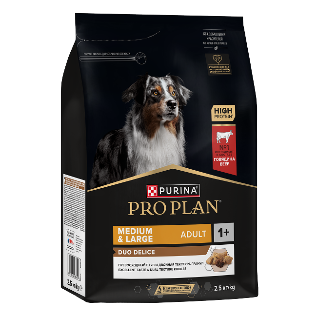 PRO PLAN® DUO DELICE для взрослых собак средних и крупных пород с двойной текстурой гранул, с высоким содержанием говядины