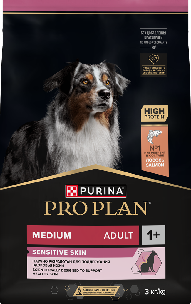PRO PLAN® SENSITIVE SKIN для взрослых собак средних пород с чувствительной кожей, с высоким содержанием лосося