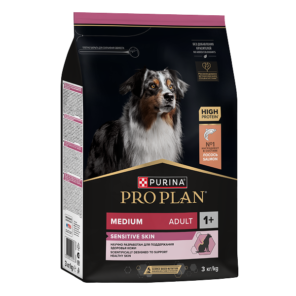 PRO PLAN® SENSITIVE SKIN для взрослых собак средних пород с чувствительной кожей, с высоким содержанием лосося