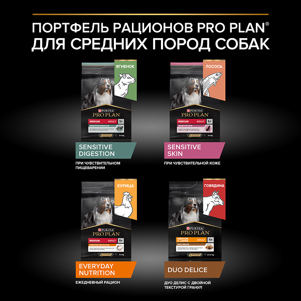 PRO PLAN® SENSITIVE SKIN для взрослых собак средних пород с чувствительной кожей, с высоким содержанием лосося