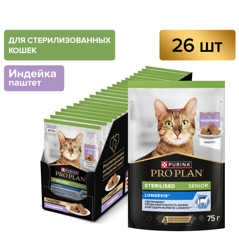 Влажный корм PRO PLAN® Sterilised LONGEVIS® для стерилизованных кошек старше 7 лет, паштет с индейкой