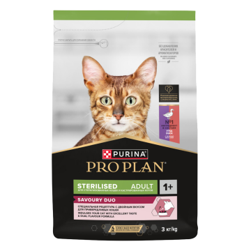 PRO PLAN® Sterilised SAVOURY DUO с двойным вкусом для взрослых стерилизованных привередливых кошек, с уткой и с печенью