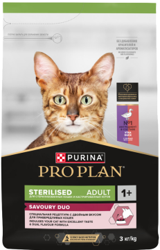 PRO PLAN® Sterilised SAVOURY DUO с двойным вкусом для взрослых стерилизованных привередливых кошек, с уткой и с печенью