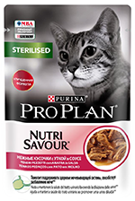 PRO PLAN® NUTRISAVOUR® STERILISED для стерилизованных кошек и кастрированных котов, с уткой в соусе
