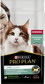 PRO PLAN® LIVECLEAR® для стерилизованных кошек, снижает количество аллергенов в шерсти, с лососем
