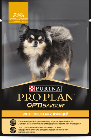 PRO PLAN® OPTISAVOUR® для взрослых собак склонных к набору веса, с курицей
