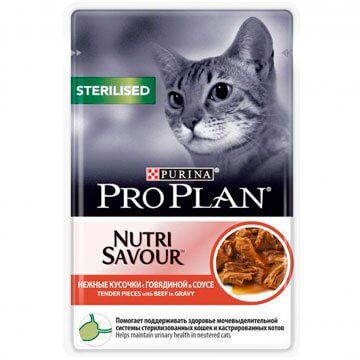 PRO PLAN® NUTRISAVOUR® STERILISED ДЛЯ СТЕРИЛИЗОВАННЫХ КОШЕК И КАСТРИРОВАННЫХ КОТОВ, С ГОВЯДИНОЙ В СОУСЕ