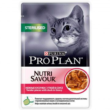 PRO PLAN® NUTRISAVOUR® STERILISED ДЛЯ СТЕРИЛИЗОВАННЫХ КОШЕК И КАСТРИРОВАННЫХ КОТОВ, С УТКОЙ В СОУСЕ