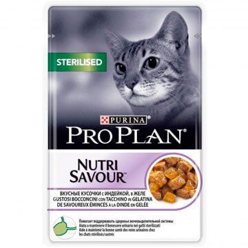 PRO PLAN® NUTRISAVOUR® STERILISED ДЛЯ СТЕРИЛИЗОВАННЫХ КОШЕК И КАСТРИРОВАННЫХ КОТОВ, С ИНДЕЙКОЙ В ЖЕЛЕ
